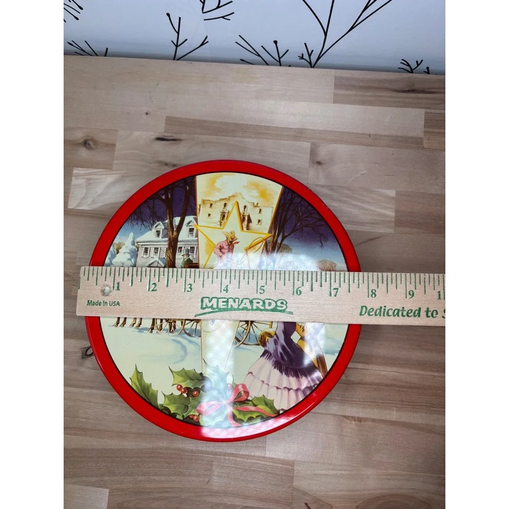 Vintage DeLuxe Fruit Cake Tin Collin Street Bakery Texas Winter Scene Red Metal